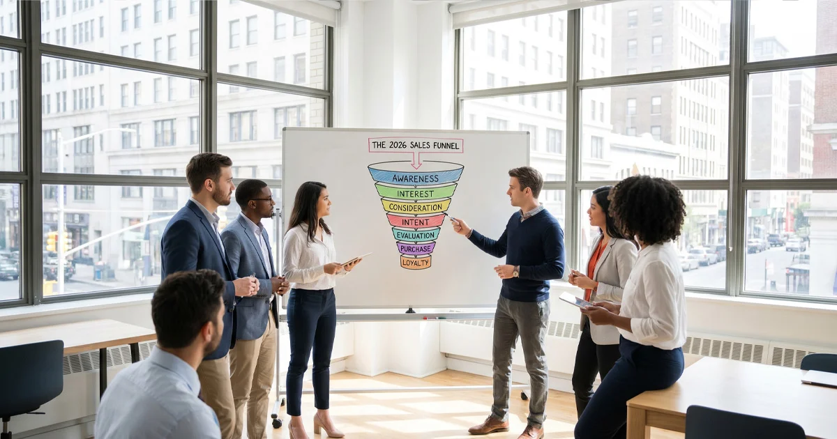 A professional man presenting a hand-drawn 7-stage sales funnel on a whiteboard to a group of five colleagues in a bright office.