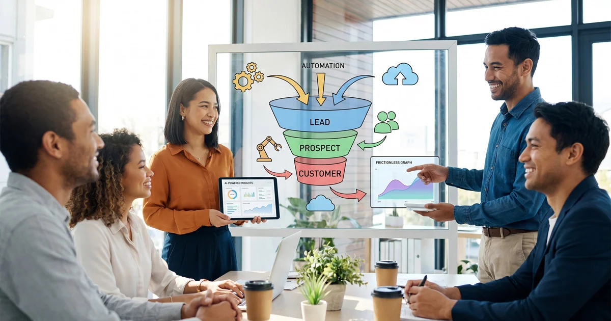 A businesswoman presenting an automated funnel diagram with gears and lead stages on a transparent glass board to her team.