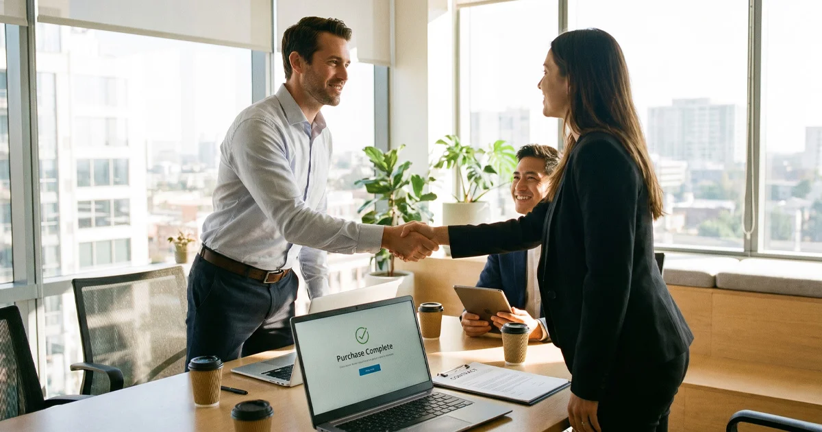 A man and woman in business attire shaking hands across a meeting table with a laptop displaying a Purchase Complete screen.