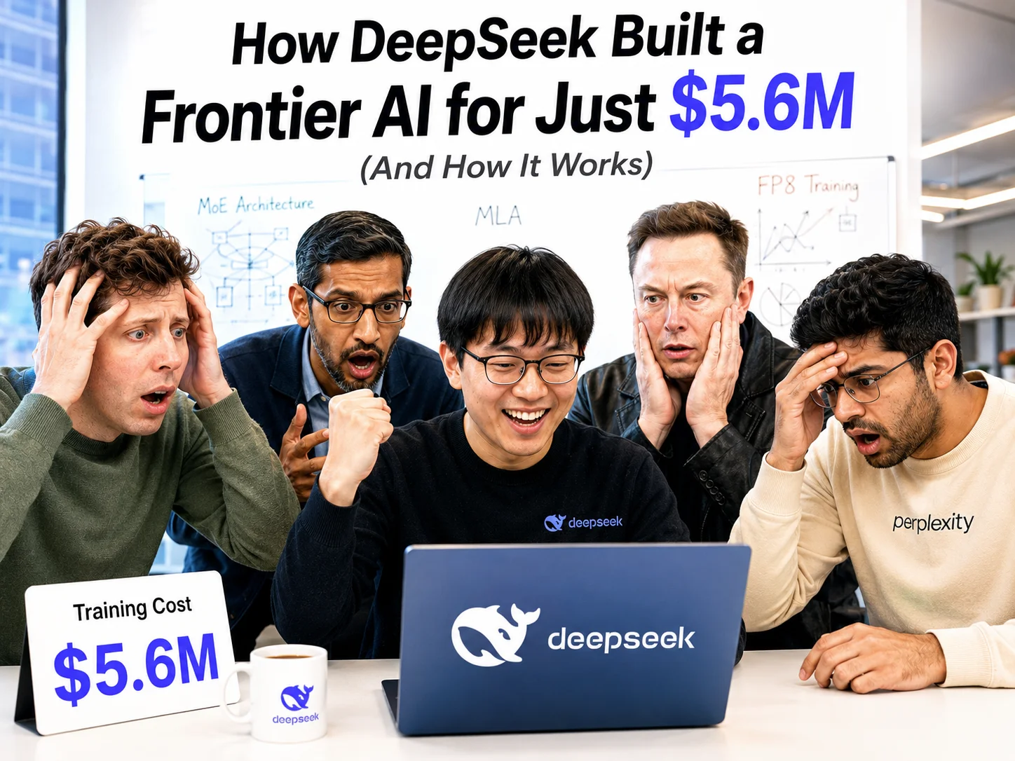 A satirical image of four tech executives looking shocked at a DeepSeek laptop, with a sign showing a $5.6M training cost.