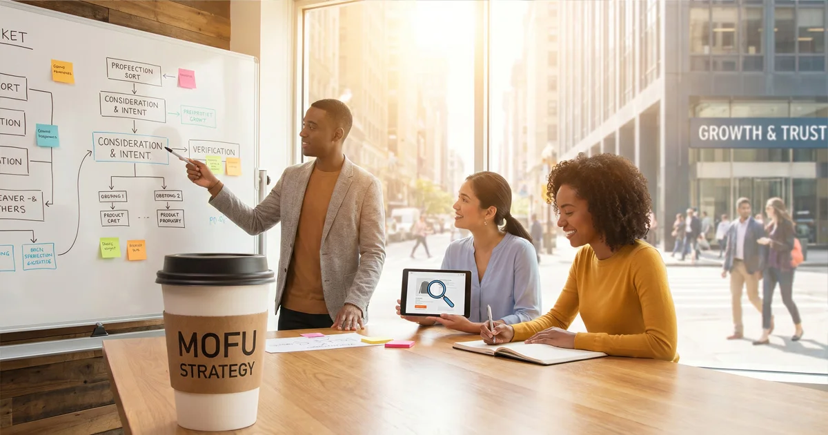 Three professionals in a sunlit office discussing a flowchart on a whiteboard, with a large coffee cup labeled MOFU STRATEGY in the foreground.