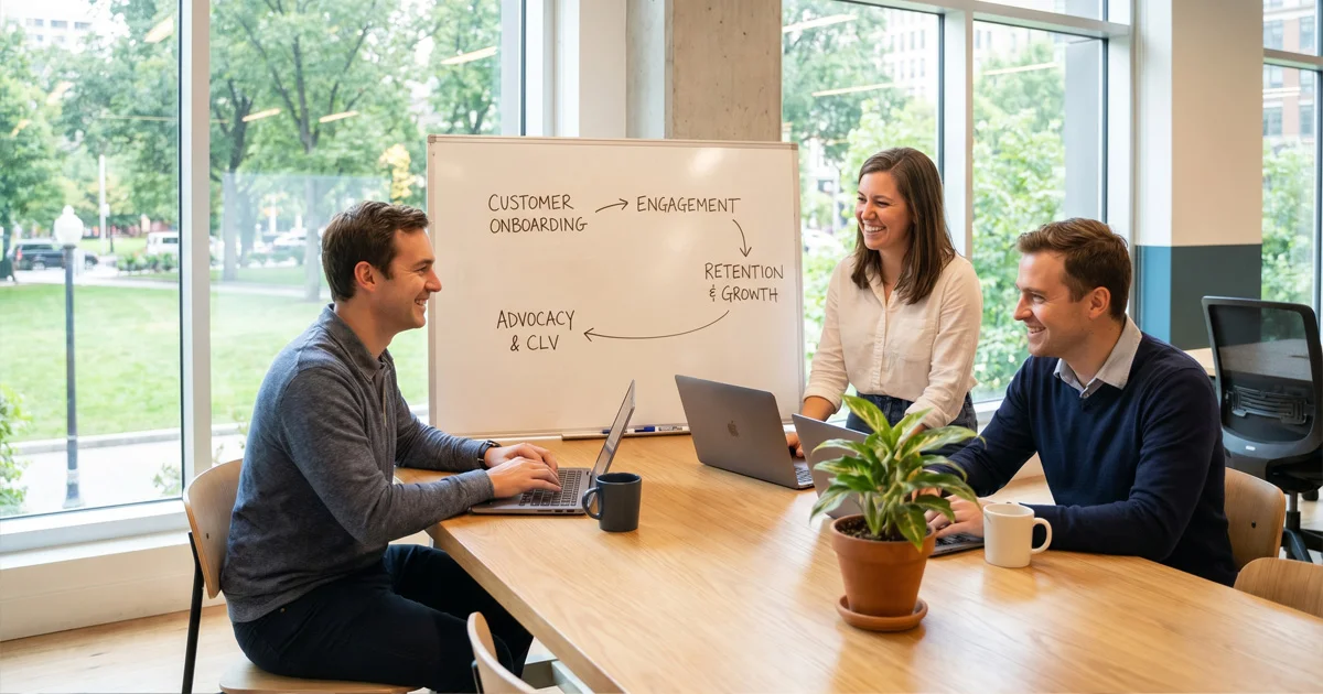 Three colleagues laughing and working on laptops around a table, with a whiteboard showing a circular customer lifecycle diagram behind them.