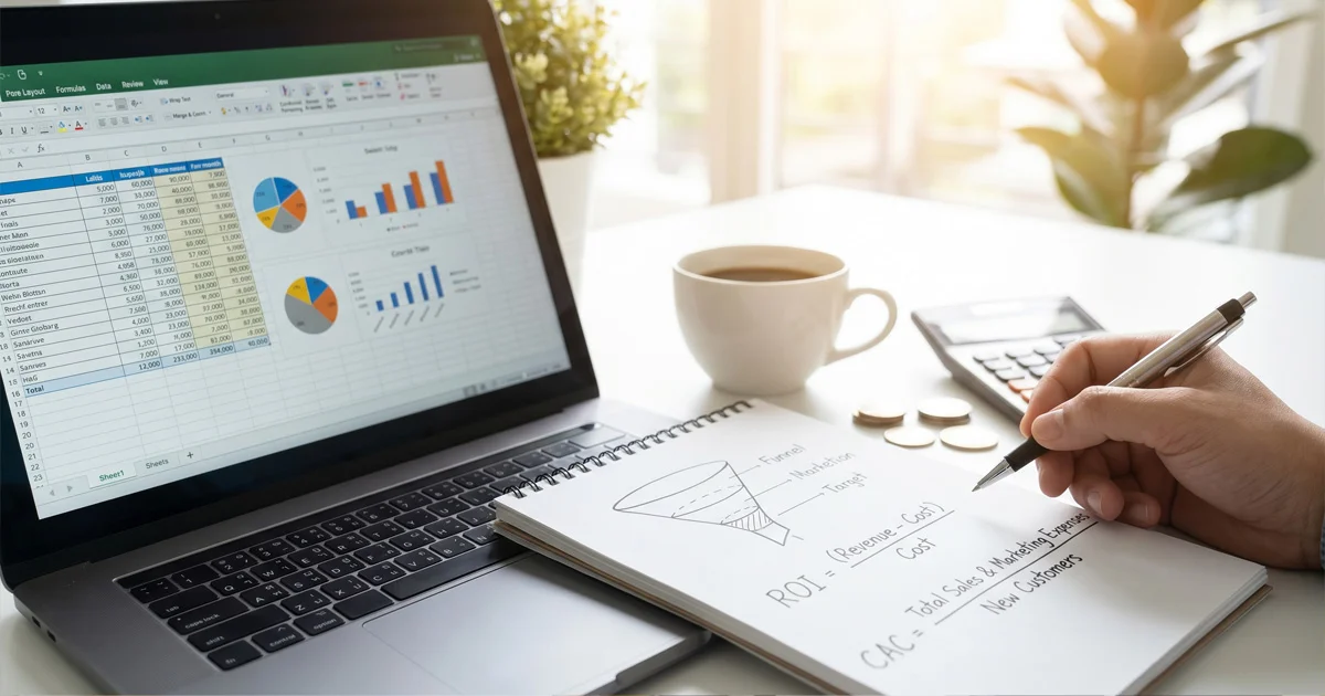 A person writing ROI and CAC formulas in a notebook next to a laptop displaying a spreadsheet with financial charts.
