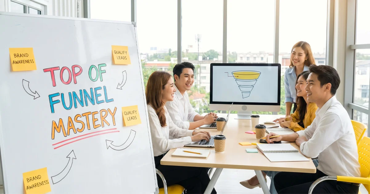 A team meeting in a bright office where a woman presents at a whiteboard titled TOP OF FUNNEL MASTERY.