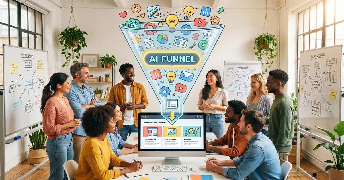 Diagram showing an AI funnel converting website visitors into booked clients automatically