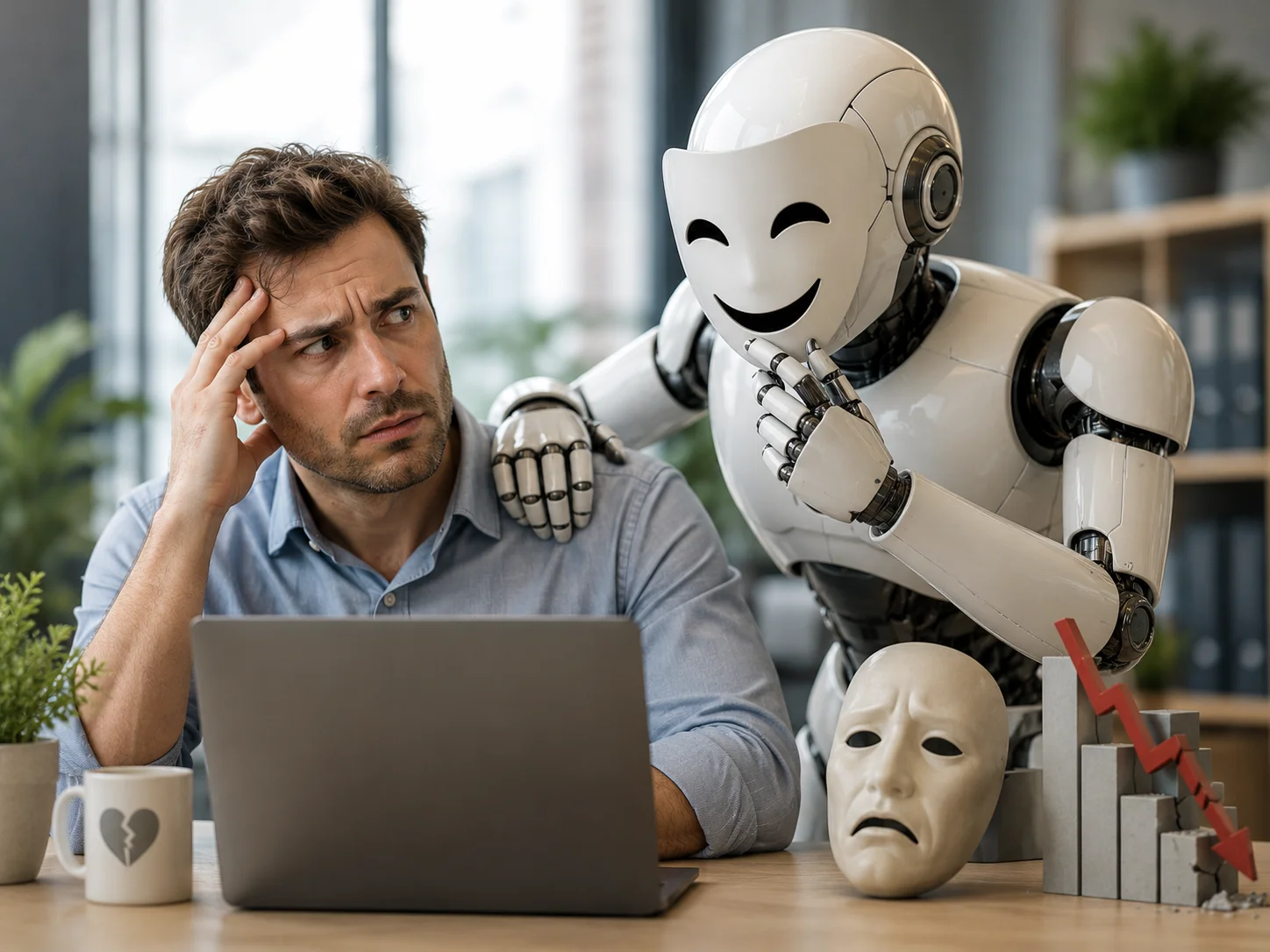 A distressed man at a laptop while a humanoid robot wearing a smiling mask leans over his shoulder.
